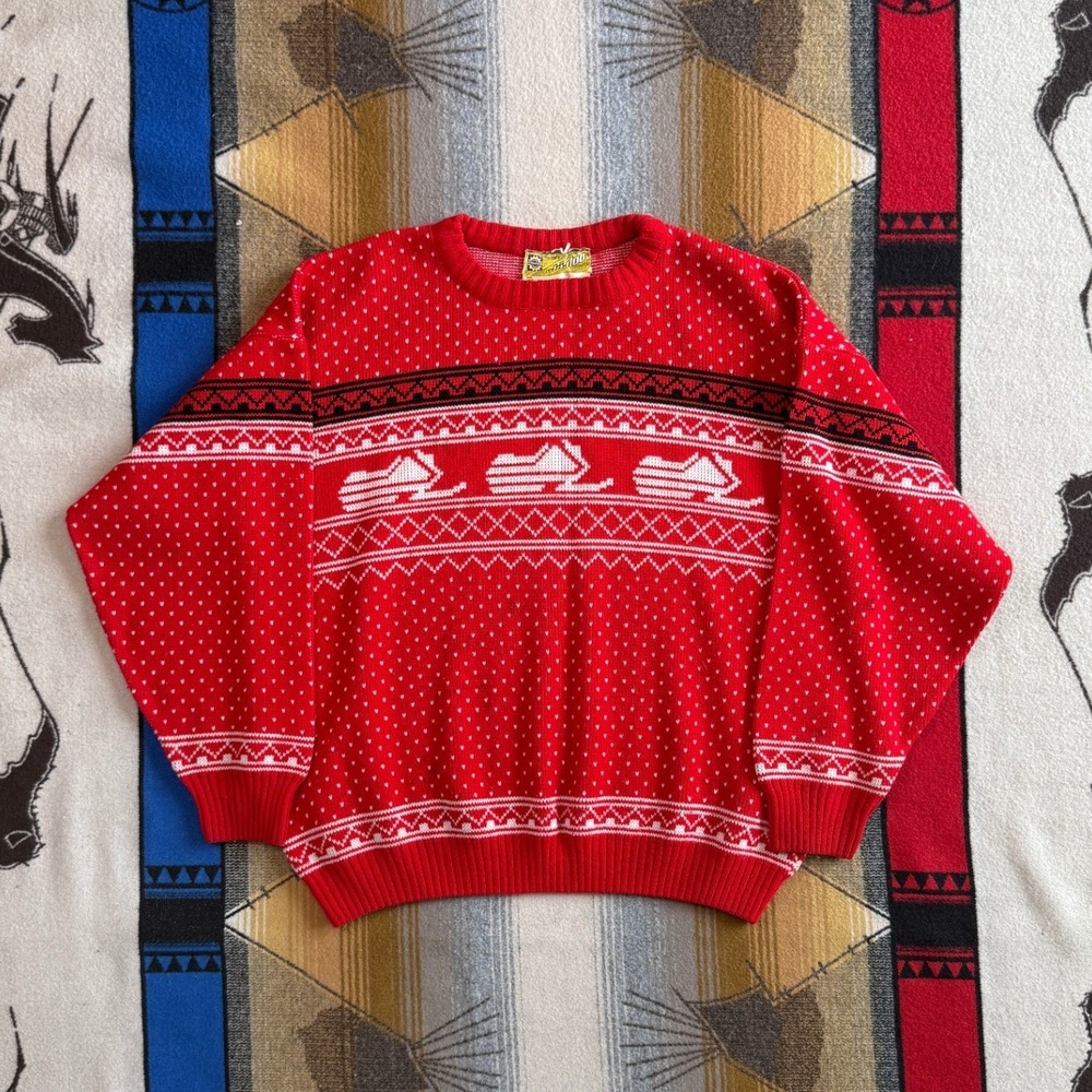 Vintage Ski-Doo Sportswear Snowmobile Fair Isle Knit Sweater Mens Large Red